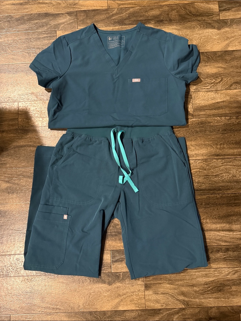 Figs Women's Scrub Top and Bottom with Mint Drawstring- CARRIBEAN BLUE